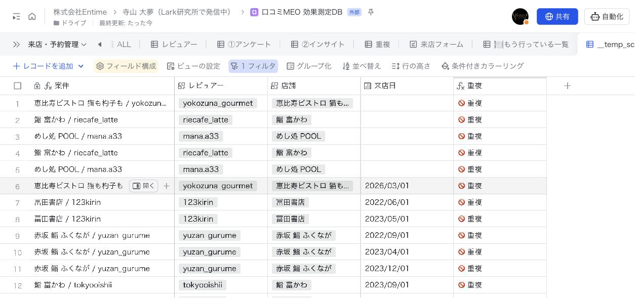 重複が自動検知される画面